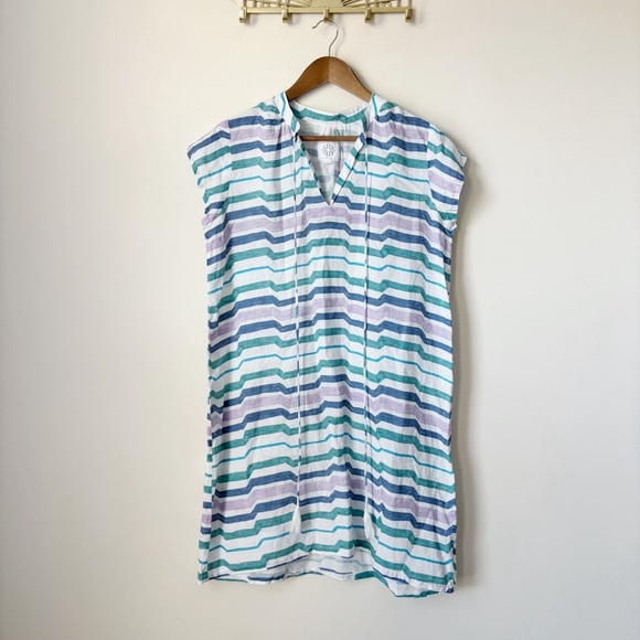 Pomegranate Linen Dress Medium Striped Shift Blue Purple - Picture 1 of 8